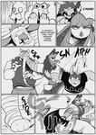 anthro arm_wraps bar_fight biped clothed clothing dialogue female group hair long_hair male speech_bubble text wraps peculiart bun_bash lynn_(peculiart) hare lagomorph leporid mammal 2024 absurd_res black_and_white comic digital_media_(artwork) english_text hi_res monochrome