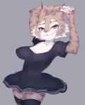 2017 absolute_territory anthro arms_above_head big_breasts blue_eyes bottomwear breasts cheek_tuft clothed clothing conoghi dress ear_tuft eyebrows eyelashes facial_tuft felid feline female front_view fully_clothed fur hi_res legwear lynx mammal markings nipple_outline portrait pose simple_background skirt solo spots spotted_body spotted_fur thigh_highs three-quarter_portrait tuft zeha