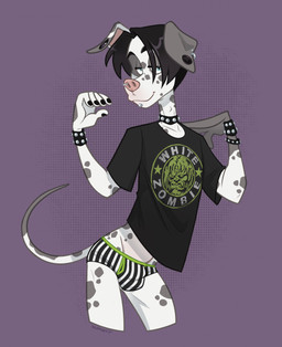 anthro band_merch band_shirt bracelet briefs clothed clothing collar ear_piercing ear_ring facial_piercing flesh_tunnel gauged_ear half-closed_eyes jewelry lip_piercing male narrowed_eyes nose_piercing nose_ring piercing ring_piercing simple_background solo studded_bracelet studded_collar studded_jewelry studs underwear cadaverrdog white_zombie hooch_(cadaverrdog) canid canine canis dalmatian domestic_dog mammal hi_res