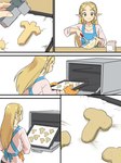 appliance apron bag baking baking_tray blonde_hair blush bowl clothing container cookie cookie_cutter cooking female flour food green_eyes hair humanoid_pointy_ears humor kitchen_appliance long_hair not_furry oven penis_shape pointy_ears shirt smile topwear wisk monbetsu_kuniharu breath_of_the_wild nintendo the_legend_of_zelda princess_zelda humanoid hylian comic