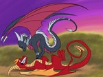 2_horns duo female feral horn male multi_horn nervous_smile pinned pinned_to_ground smile smirk tail wings xannador activision mythology spyro_the_dragon the_legend_of_spyro cynder flame_(spyro) dragon mythological_creature mythological_scalie scalie 2021 4:3 dated digital_media_(artwork)