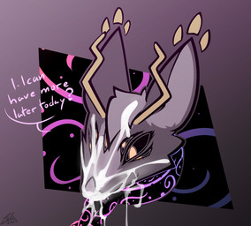 abstract_background after_oral anthro black_sclera bodily_fluids bound chain chain_leash chained collar cum cum_covered cum_drip cum_on_collar cum_on_face cum_string dialogue dripping excessive_cum excessive_genital_fluids genital_fluids glowing glowing_eyes hair horn leash long_ears looking_at_another looking_at_partner looking_at_partner's_penis looking_down looking_up_at_partner messy multi_eye orange_eyes requesting sex_request short_hair text conditional_dnp lodi_(artist) european_mythology mythology bat dragon hybrid mammal mythological_creature mythological_scalie scalie western_dragon wyvern alternate_version_at_source english_text hi_res gynomorph_(lore) intersex_(lore)