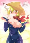 animal_ears bare_shoulders big_breasts blonde_hair blush bodysuit breasts breath cleavage clothed clothing female food fox_ears fox_tail hair heart_symbol latex long_hair looking_at_viewer multi_tail nipples short_hair skinsuit solo tail tight_clothing torn_bodysuit torn_clothing undressing yellow_eyes ikuta_takanon asian_mythology east_asian_mythology japanese_mythology mythology touhou ran_yakumo yukari_yakumo animal_humanoid canid canid_humanoid canine canine_humanoid fox fox_humanoid humanoid mammal mammal_humanoid yokai 2010 digital_media_(artwork) hi_res