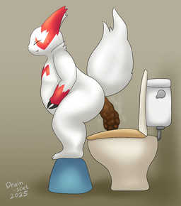 ambiguous_gender anthro big_butt bodily_fluids butt crouching eyes_closed feces feces_in_ass fur multicolored_body pooping pooping_in_toilet red_body red_eyes red_fur simple_background solo sweat toilet toilet_use two_tone_body white_body white_fur drain_scat nintendo pokemon generation_3_pokemon pokemon_(species) zangoose hi_res