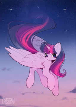 blush cloud female feral flying hair_strands horn sky solo star starry_sky wings kotikovka friendship_is_magic hasbro my_little_pony mythology twilight_sparkle_(mlp) equid equine mammal mythological_creature mythological_equine winged_unicorn hi_res
