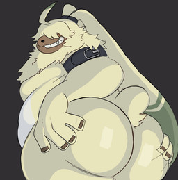 animated_gif anthro belly big_butt butt fingers fur grin hair hair_over_eyes hand_on_butt long_ears looking_back male overweight ponytail_ears presenting presenting_hindquarters shaking_butt smile solo yellow_body yellow_fur newtmoss bandai_namco digimon angoramon digimon_(species) 2025 absurd_res animated hi_res short_playtime