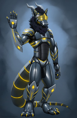 3_toes 5_fingers abstract_background anthro black_body black_fur digitigrade feet fingers fur horn machine mane metal metallic_body solo tail text toes visor thejoyfuldragon mythology android dragon mythological_creature mythological_scalie robot scalie artist_name digital_media_(artwork) digital_painting_(artwork) full-length_portrait hi_res painting_(artwork) portrait