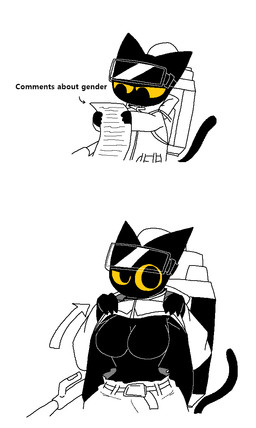 anthro big_breasts black_body black_fur black_tail bottomwear breasts clothing exposed_breasts eyewear eyewear_on_head featureless_breasts female fur goggles goggles_on_head holding_object holding_paper hoodie jacket jacket_lift looking_at_paper looking_at_viewer one_eye_half-closed pants paper presenting presenting_breasts sitting solo tail text topwear white_bottomwear white_clothing white_hoodie white_jacket white_pants white_topwear yellow_sclera sabgong maru_(sabgong) domestic_cat felid feline felis mammal english_text