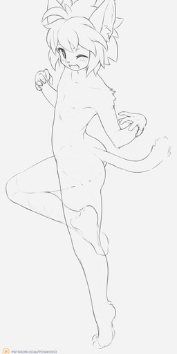 5_fingers anthro blush blush_lines butt cute_fangs fangs femboy fingers fur hair happy inner_ear_fluff looking_at_viewer male nipples nude nude_anthro nude_male on_one_leg one_eye_closed open_mouth open_smile patreon_logo simple_background smile solo standing standing_on_toes tail teeth text tuft white_background wink winking_at_viewer powfooo patreon domestic_cat felid feline felis mammal monochrome sketch url