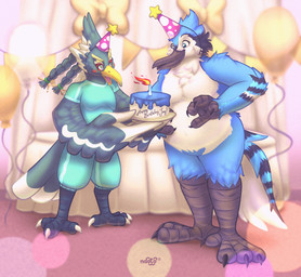 anthro balloon birthday cake candle dessert duo food inflatable male orni naoto breath_of_the_wild nintendo the_legend_of_zelda revali avian bird blue_jay corvid jay_(bird) new_world_jay oscine passerine hi_res