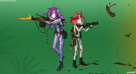 ambiguous_gender anthro blood bodily_fluids boots brown_boots brown_clothing brown_footwear clothing duo footwear fur gore grass gun hair holding_gun holding_object holding_ranged_weapon holding_rifle holding_weapon military_uniform plant purple_body purple_fur purple_hair ranged_weapon rifle shoes shooting uniform weapon bravobunny bravo_(bravobunny) domestic_cat felid feline felis lagomorph leporid mammal rabbit 2021 absurd_res censored hi_res mosaic_censorship