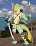 anthro armor armwear arrow_(weapon) beach biped blonde_hair bodypaint bottomwear bow_(weapon) brown_armwear brown_clothing brown_legwear clothing cloud coastline dual_wielding facial_hair facial_paint flaccid front_view genitals green_body green_scales hair holding_melee_weapon holding_object holding_polearm holding_spear holding_sword holding_weapon jewelry knife legwear light log looking_forward male markings melee_weapon mostly_nude mustache necklace nipples outside penis polearm quiver_(object) ranged_weapon red_eyes red_markings scabbard scale_markings scales seaside sky solo spear standing straps sunlight sword tribal tribal_markings vambrace weapon wood kaa_bakensobek sek-raktaa scalie 2021 digital_media_(artwork) full-length_portrait hi_res portrait