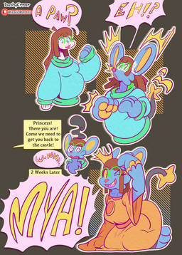 big_ears clothing ear_expansion expansion eyewear glasses meow nya pawpads paws princess princess_dress royalty simple_background sweater tail teal_clothing teal_sweater teal_topwear text time_skip topwear transformation transformation_sequence yellow_sclera dustyerror nintendo pokemon felid feline felis generation_4_pokemon human mammal pokemon_(species) shinx absurd_res english_text hi_res