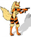 3_toes anthro biped black_nose blue_eyes breasts featureless_breasts featureless_crotch feet female fur gun hair handgun holding_object holding_weapon multicolored_body multicolored_fur navel one_eye_closed orange_body orange_fur pistol pointing_gun pokemorph ranged_weapon simple_background solo standing tail tail_tuft tan_body tan_fur toes tuft weapon white_background jekuben glock nintendo pokemon arcanine generation_1_pokemon pokemon_(species) 2022