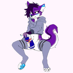 4_fingers anthro beverage black_claws black_sclera blue_blush blue_inner_ear blue_pawpads blush can claws clothing container crop_top energy_drink eyebrows fingers fur grey_clothing grey_hood grey_legwear grey_thigh_highs hair holding_can holding_container holding_object hoodie legwear male pawpads purple_body purple_fur purple_hair shirt simple_background sitting smile smug solo tail thigh_highs topwear white_body white_eyes white_fur aethar kytronix red_bull aethar_(aethar_wolf) canid canine canis mammal wolf 1:1 hi_res
