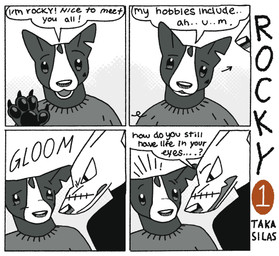 4_fingers 4_panel_comic anthro black_clothing black_pawpads black_shirt black_topwear clothing dialogue duo fangs fingers grey_body grey_clothing grey_shirt grey_topwear male multicolored_body notched_ear open_mouth open_smile pawpads sewn_snout shirt smile solid_oval_eyes teeth text topwear two_tone_body white_body buteoposting canid canine canis domestic_dog mammal 2026 comic english_text greyscale hi_res monochrome spot_color