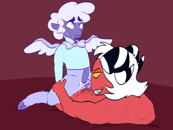 ahegao anal anal_penetration anthro cowgirl_position duo from_front_position genitals looking_pleasured male male/male male_on_bottom male_on_top male_penetrated male_penetrating male_penetrating_male on_bottom on_top open_mouth penetration penis sex spread_legs spreading straddling conditional_dnp humgeronimo hellaverse helluva_boss collin_(helluva_boss) moxxie_(helluva_boss) angel bovid caprine cherub demon imp mammal sheep 4:3 hi_res