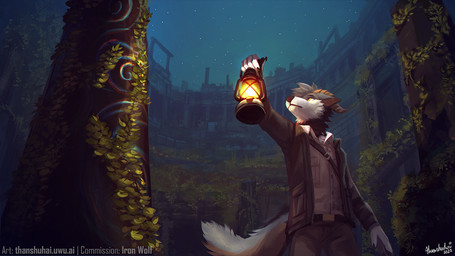 5_fingers anthro clothed clothing detailed_background fingers fur holding_object horn lamp lantern male night outside plant ruins sky solo standing star starry_sky tail text white_body white_fur thanshuhai mythology canid canine dragon furred_dragon furred_scalie hybrid mammal mythological_creature mythological_scalie scalie 16:9 2022 digital_media_(artwork) digital_painting_(artwork) english_text painting_(artwork) widescreen