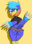 anthro beak black_clothing black_shirt black_topwear blue_body blue_feathers blue_hair bottomwear butt clothed clothing feathers female green_eyes hair hotpants looking_back midriff rear_view shirt shorts simple_background solo topwear yellow_background nojimmyplz animal_crossing nintendo robin_(animal_crossing) avian bird hi_res portrait three-quarter_portrait