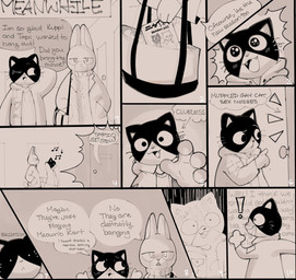anthro bag blush blush_lines bodily_fluids bottomwear close-up clothed clothing coat confusion dialogue door duo exclamation_point fangs front_view fur gesture half-closed_eyes hand_behind_head hand_behind_own_head hand_in_pocket happy inside jacket long_ears looking_at_another male movie_case musical_note musical_symbol narrowed_eyes one_eye_closed pants pockets question question_mark realization scut_tail sharp_teeth shirt short_tail shrug side_view smile speech_bubble surprise surprised_expression sweat sweater symbol tail teeth text tongue topwear walking whiskers sushiamazing working_buddies! rufuta_hachitani uwaharu_nezazono domestic_cat felid feline felis lagomorph leporid mammal rabbit 2025 comic digital_media_(artwork) english_text monochrome
