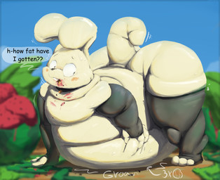 all_fours anthro arm_warmers armwear bell bell_collar blush blush_lines clothing collar detailed_background eating eating_food food fruit hand_on_belly legwear looking_back male melon monotone_body morbidly_obese morbidly_obese_anthro morbidly_obese_male mostly_nude mostly_nude_male obese obese_anthro obese_male outside overweight overweight_anthro overweight_male plant plantigrade slob solo tail talking_to_self tan_body text thigh_highs watermelon weight_gain 6saw789 lagomorph leporid mammal rabbit 2025 digital_drawing_(artwork) digital_media_(artwork) english_text hi_res story story_in_description