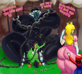 anthro bdsm belly big_breasts big_butt blush bodily_fluids bondage bound breasts butt butt_grab chain chain_leash chained clothing collar curvy_figure dialogue distressed dominant dominant_female drooling erection female femboy genitals glistening glistening_body group hand_on_butt huge_breasts hyper hyper_breasts imminent_sex larger_female leash leashed_collar long_tongue male male/female nipple_piercing nipples outside penis piercing saliva shaking shivering sitting size_difference small_penis smaller_male spread_legs spreading submissive submissive_male sweat text thick_thighs tight_clothing tongue vulva wide_hips gumiki_bani mario_bros nintendo gigi_(thecoatl034) mario princess_peach chain_chomp human mammal yoshi absurd_res hi_res