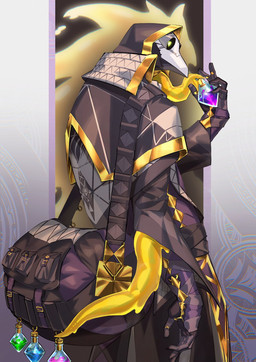 alchemist animal_mask anthro backpack beak_mask bottle clothing container gloves green_eyes handwear male mask potion robe side_view slime solo omisokatu0141 lifewonders live_a_hero theoreol goo_creature hi_res