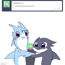 anthro blue_eyes bodily_fluids claws female group humor male male/female notched_ear pink_eyes romantic romantic_couple saliva scar simple_background smile style_emulation text white_background vipery-07 pop_team_epic anon egan molin aquatic cetacean dolphin fish mammal oceanic_dolphin orca shark toothed_whale english_text