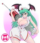 areola areola_slip big_breasts breasts cleavage clothed clothing female green_eyes green_hair hair head_wings huge_breasts not_furry nurse panties solo syringe underwear unusual_wing_placement wings schpicy capcom darkstalkers morrigan_aensland humanoid winged_humanoid