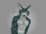 abs anthro athletic athletic_anthro athletic_male black_nose clothed clothing eye_scar facial_scar fluffy fur green_body grey_body grey_fur lean_body looking_at_viewer male multicolored_body multicolored_fur muscular neck_tuft nude pecs scar shirtless simple_background solo topless tuft two_tone_body two_tone_fur upper_body feelieowo beastars legoshi_(beastars) canid canine canis mammal wolf 2024 digital_media_(artwork) hi_res