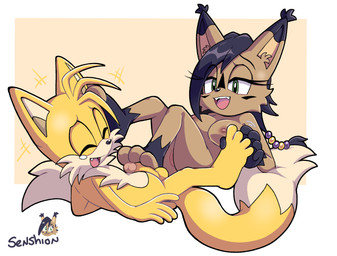anthro anthro_on_anthro areola balls breasts brown_body brown_fur duo eyes_closed feet female fur genitals green_eyes male male/female nipples nude open_mouth open_smile penis simple_background smile soles tan_body tan_fur vulva yellow_body yellow_fur senshion archie_comics sega sonic_the_hedgehog_(archie) sonic_the_hedgehog_(comics) sonic_the_hedgehog_(series) miles_prower nicole_the_lynx canid canine felid feline fox lynx mammal 2026 absurd_res hi_res