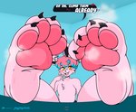 anthro blue_hair bodily_fluids buckteeth claws extreme_size_difference femboy fur hair male micro musk pawpads pink_body pink_fur pink_hair pink_pawpads size_difference solo sweat teeth yellow_eyes jayjaycholo jay_(jayjaycholo) lagomorph leporid mammal rabbit absurd_res hi_res