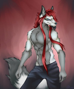 anthro beard black_nose blue_eyes bottomwear clothing dipstick_tail facial_hair fur grey_body grey_fur hair humanoid_hands inner_ear_fluff long_hair male markings multicolored_tail red_hair shorts smile solo tail tail_markings tuft yellow_sclera meresias canid canine canis mammal wolf portrait source_request three-quarter_portrait unavailable_at_source
