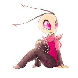 antennae_(anatomy) backpack clothing gloves green_body green_skin handwear irken_clothing irken_uniform male not_furry pak red_eyes simple_background sitting smile solo white_background yellow_body yellow_skin havselva_(artist) invader_zim nickelodeon zim_(invader_zim) alien alien_humanoid humanoid irken 1:1 signature