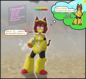 ageplay anthro arm_cannon black_border bodily_fluids border brown_hair brown_tail bubble clothed clothing diaper diaper_under_clothing diaper_under_onesie drooling eyewear eyewear_on_head female foggy_background fur gagged_talk gameplay_mechanics goggles goggles_on_head hair hallucination hypnosis hypnotic_eyes infantilism intelligence_loss mind_control object_in_mouth oblivious onesie pacifier pacifier_in_mouth roleplay saliva smiley_face smoking_gun solo speech_bubble spiral spiral_eyes tail tan_body tan_fur text thought_bubble toy toy_gun wearing_diaper yellow_clothing padlockedpadding gameoverse glitch_productions kit_bodega domestic_cat felid feline felis mammal english_text
