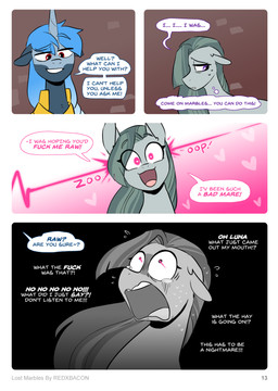 blue_hair bodily_fluids dialogue duo eyebrow_through_hair eyebrows female feral glowing glowing_eyes gradient_hair grey_body grey_hair hair heart_eyes heart_symbol horn male mind_control profanity purple_eyes raised_eyebrow sweat sweatdrop tears text thought_bubble translucent translucent_hair redxbacon friendship_is_magic hasbro my_little_pony mythology fan_character marble_pie_(mlp) pillow_talk_(redxbacon) earth_pony equid equine horse mammal mythological_creature mythological_equine pony unicorn absurd_res comic english_text hi_res