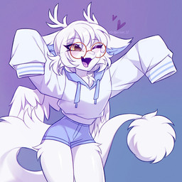 anthro bangs blue_bottomwear blue_clothing blue_shorts blush bottomwear cheek_tuft clothing eyebrows eyelashes eyewear facial_tuft feathered_wings feathers female front_view fur glasses hair happy heart_symbol hoodie horn hotpants long_tail purple_tongue round_glasses shorts simple_background small_waist solo tail tongue topwear tuft wearing_glasses white_body white_clothing white_eyebrows white_fur white_hair white_hoodie white_horn white_topwear white_wings wings yellow_eyes 3rdperson_iz mythology dragon furred_dragon furred_scalie mythological_creature mythological_scalie scalie 1:1 colored digital_drawing_(artwork) digital_media_(artwork) hi_res shaded