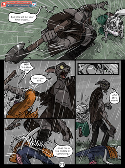 5_fingers anthro axe brown_nose clothed clothing female fingers green_eyes hair male melee_weapon open_mouth raining scar teeth text violence weapon white_hair yelling zummeng estella_(zummeng) evie_(zummeng) domestic_cat felid feline felis mammal pantherine tiger 2019 comic digital_media_(artwork) english_text hi_res