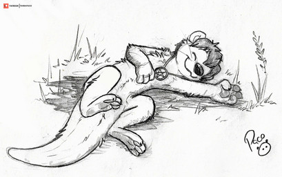 anthro closed_smile eyes_closed hair jewelry logo lying male male_anthro mouth_closed necklace nude on_side short_hair smile solo tail whiskers young young_anthro young_male pandapaco mammal mustelid otter artist_logo monochrome signature sketch
