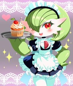 ambiguous_gender apron black_clothing black_dress blush clothed clothing cupcake dress food holding_tray maid_headdress maid_uniform solo uniform white_apron white_clothing hokke_tsujimoto nintendo pokemon gardevoir generation_3_pokemon pokemon_(species) 2026 half-length_portrait hi_res portrait