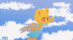 anthro blue_sky blush blush_stickers bottomless clothed clothing cloud dot_eyes dress female female_anthro floating gesture hand_gesture looking_at_viewer one_eye_closed open_mouth plushie shirt sky sky_background smile solo topwear v_sign wink winking_at_viewer yellow_body blackholedog1 cookie's_bustle cookie_blair bear mammal teddy_bear_(species) 16:9 animated no_sound short_playtime webm widescreen