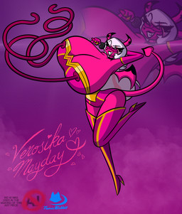 armwear big_breasts bodysuit boots breasts clothing domino_mask elastic_nipples elbow_gloves electronics eyemask eyewear female footwear gloves handwear high_heeled_boots high_heels huge_breasts legwear leotard logo mask microphone nipple_stretch nipples shoes skinsuit solo superhero superhero_costume tail text thigh_boots thigh_highs tight_clothing wings thomasbluewolf hellaverse helluva_boss breast_woman verosika_mayday demon humanoid succubus digital_media_(artwork) hi_res