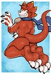 anthro butt claws feet foot_focus grin horn humanoid_feet looking_at_viewer looking_back male plantigrade red_body scarf smile solo toe_claws yellow_eyes sebafox bandai_namco digimon digimon_ghost_game betelgammamon digimon_(species) scalie hi_res