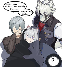 anthro ascot bodily_fluids clothing crying fur grey_hair group hair harness humor leather leather_harness male male/male tears topwear trio vest white_body white_fur asecanaka14370 mihoyo zenless_zone_zero seth_lowell von_lycaon wise_(zenless_zone_zero) animal_humanoid canid canine canis cat_humanoid felid felid_humanoid feline feline_humanoid human humanoid mammal mammal_humanoid thiren wolf hi_res