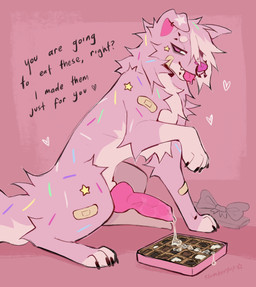 animal_genitalia animal_penis band-aid bandage bodily_fluids box_of_chocolates candy canine_genitalia canine_penis chocolate cum cum_drip cum_on_food dessert dripping ejaculation erection facial_piercing feral flirting food food_fetish food_play fur genital_fluids genitals hair heart_symbol holidays knot knotted_penis looking_at_viewer male multiple_piercings nose_piercing paws penis piercing raised_arm raised_paw septum_piercing sitting solo text tongue vein veiny_penis slumberpup valentine's_day pillow_(slumberpup) canid canine canis domestic_dog mammal absurd_res english_text hi_res