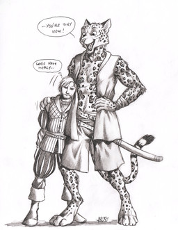 4_toes 5_fingers anthro beard belt boots bottomwear buckle clothed clothing dialogue digitigrade duo facial_hair feet fingers footwear hand_on_hip hand_on_own_hip hand_on_shoulder jacket leopard_spots looking_at_viewer looking_down looking_down_at_partner looking_forward male markings melee_weapon motion_lines mustache open_mouth pants scabbard scar shadow shirt shoes shorts size_difference smile speech_bubble spots spotted_markings spotted_tail standing striped_markings striped_tail stripes sword tail tail_markings teeth text thought_bubble toes tongue topwear vest weapon wraps wrist_wraps 0laffson enorach_(0laffson) felid human jaguar mammal pantherine 2020 english_text graphite_(artwork) hi_res signature traditional_media_(artwork)