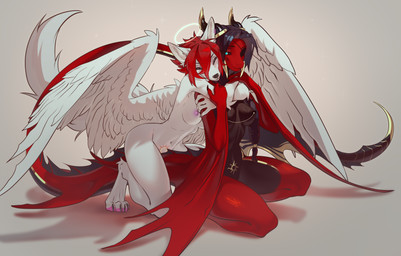 affectionate anthro black_body black_hair black_scales breasts calm comforting cuddling duo exposed feathered_wings feathers female fluffy fluffy_tail fur hair halo horn hug intimate kneeling nipple_piercing nipples nude piercing red_body red_hair red_scales scales sitting tail white_body white_fur wings womb_tattoo khomche european_mythology mythology kazumi_caelamor kira_sher proxy_(luum) angel deity dragon hybrid mythological_creature mythological_scalie scalie seraph_(angel) western_dragon wyvern absurd_res hi_res