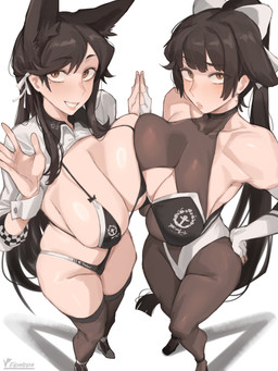 big_breasts biped black_hair breast_squish breasts breasts_frottage clothed clothing duo female female/female hair hand_on_hip legwear looking_at_viewer ponytail pupils smile squish thigh_highs wide_hips iepelppa animal_humanoid humanoid absurd_res hi_res