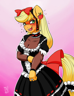 accessory anthro anthrofied blonde_hair blush bodily_fluids bow_(feature) bow_accessory bow_ribbon clothed clothing female freckles furgonomics green_eyes hair hair_accessory hair_bow hair_ribbon long_hair maid_uniform open_mouth ribbons solo sweat tail tail_accessory tail_bow tail_ribbon uniform zwitterkitsune friendship_is_magic hasbro my_little_pony applejack_(mlp) earth_pony equid equine horse mammal pony 2015 digital_media_(artwork)