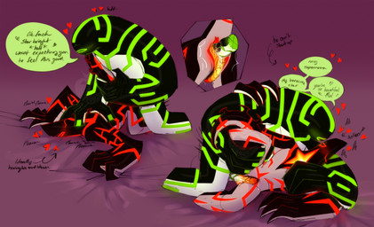 1_eye 4_fingers begging black_body blush blush_lines bodily_fluids circuit_markings claws close-up countershading dialogue doggystyle duo eye_contact featureless_feet feet fingers from_behind_position genital_fluids genitals glowing glowing_blush glowing_genitalia glowing_markings grabbing_sheets green_markings half-closed_eyes heart_symbol holding_tail intersex intersex/male leg_glider_position looking_at_another male maleherm maleherm/male markings narrowed_eyes not_furry penetration penile penile_penetration penis_in_vagina pet_name pinning_down precum raised_leg red_markings sex silver_countershading simple_background speech_bubble spikes tail text vaginal vaginal_penetration white_body white_countershading strawberryoverlord ben_10 cartoon_network aether_(strawberryoverlord) fan_character malware_(ben_10) alien galvanic_mechamorph english_text watermark